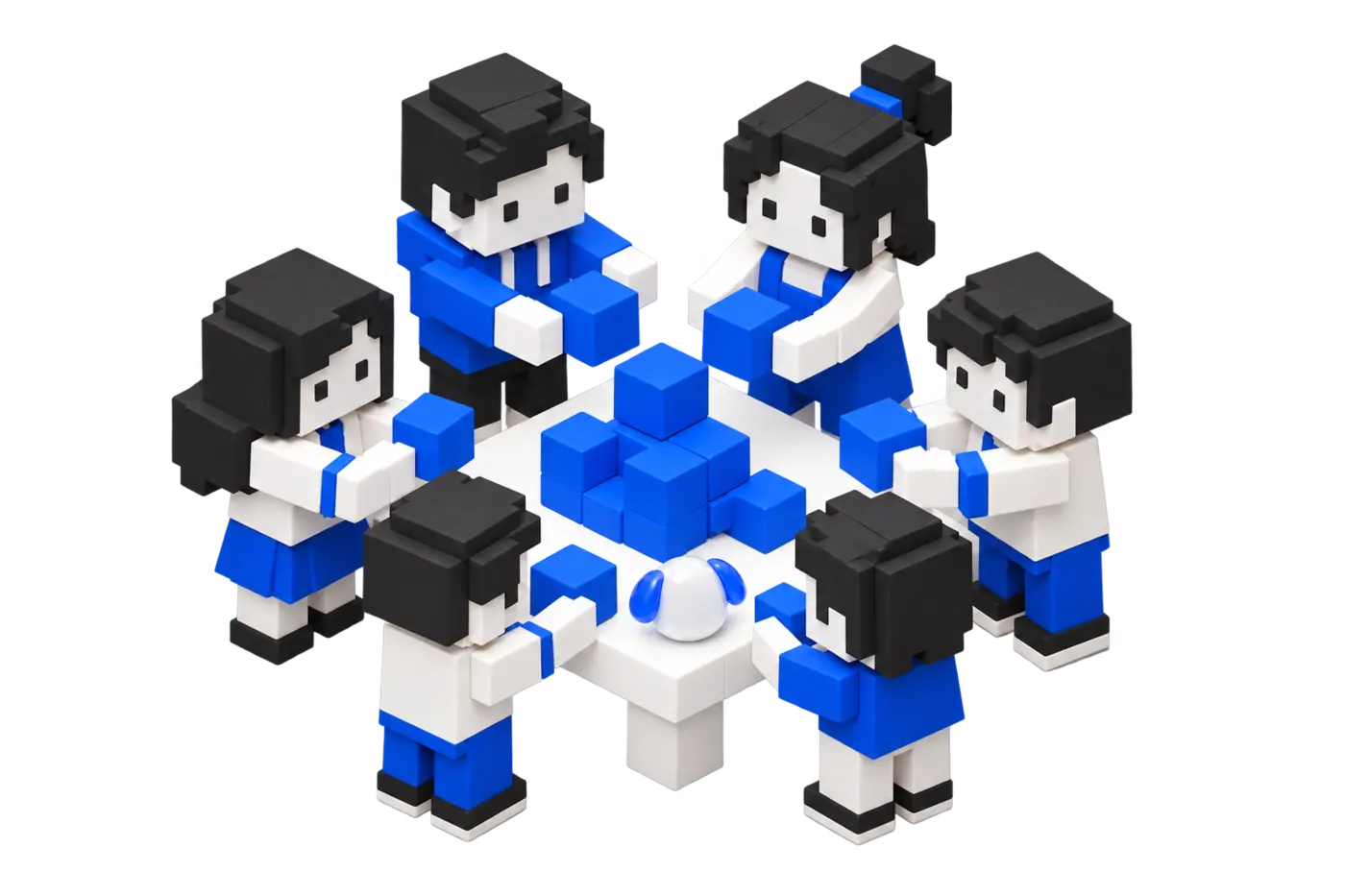 Six miniature contributors building a common structure together